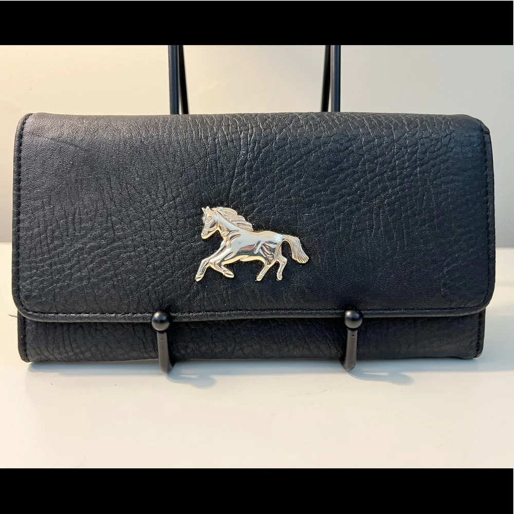 Black wallet with a gold horse